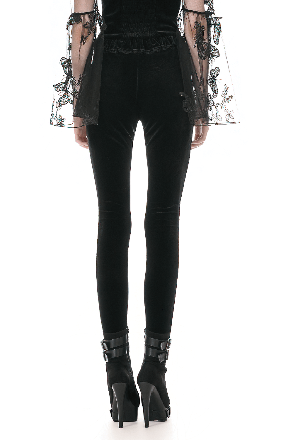 Intricate Black Lace Panel Leggings for Alternative Style, showcasing a back view with stylish lace details.