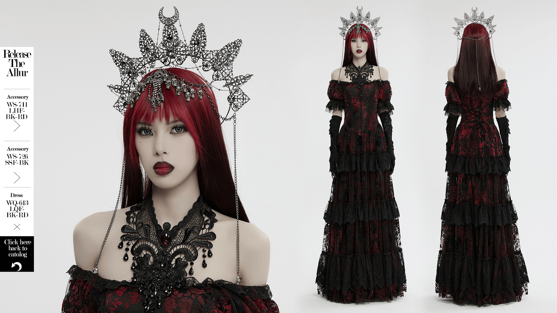 Gothic model in a black lace gown with an intricate metal crown adorned with skull pendants and gemstones.