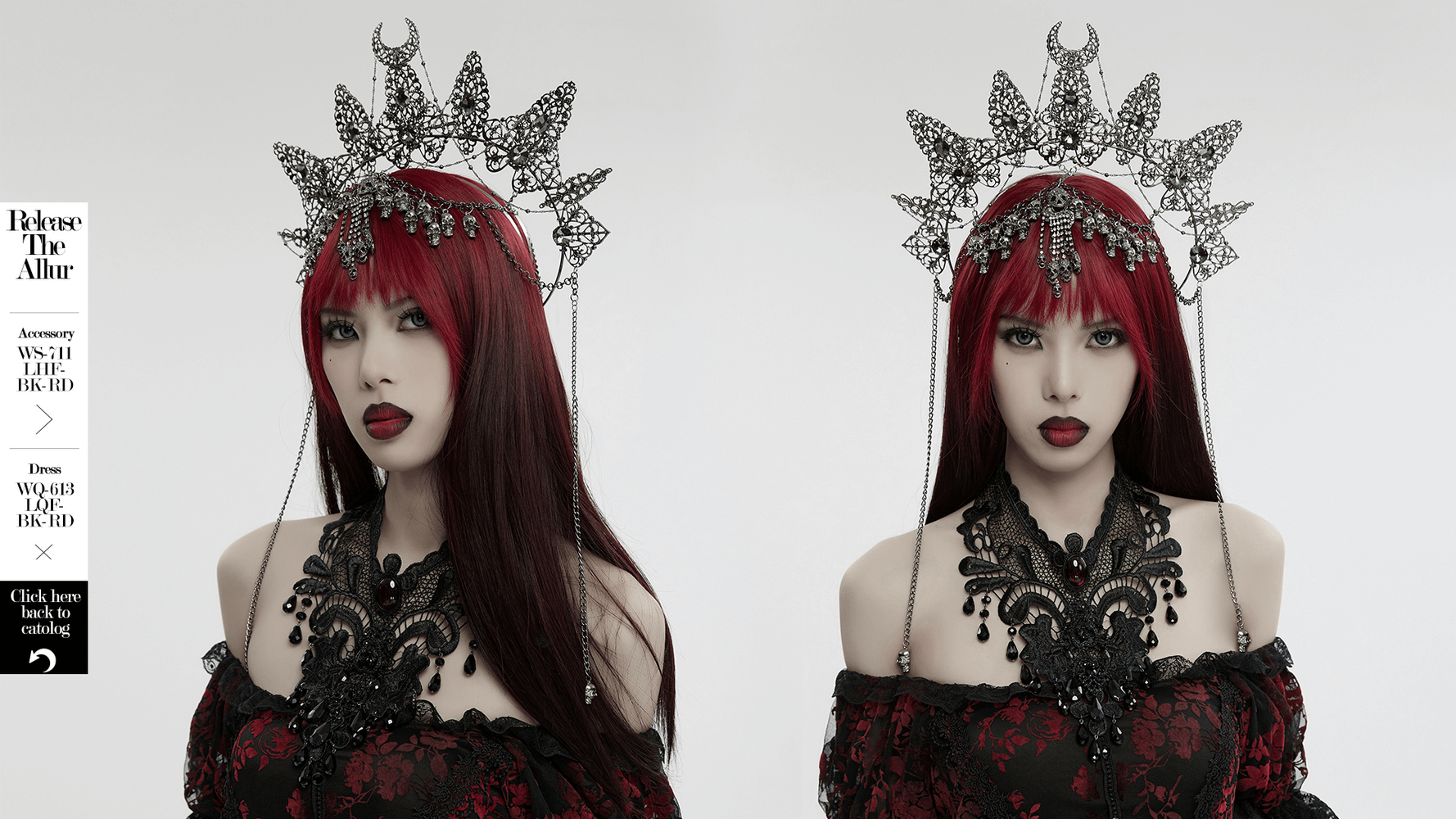 Gothic crown with skull pendants and chains, adorned with gemstones, worn by a model in dramatic attire.