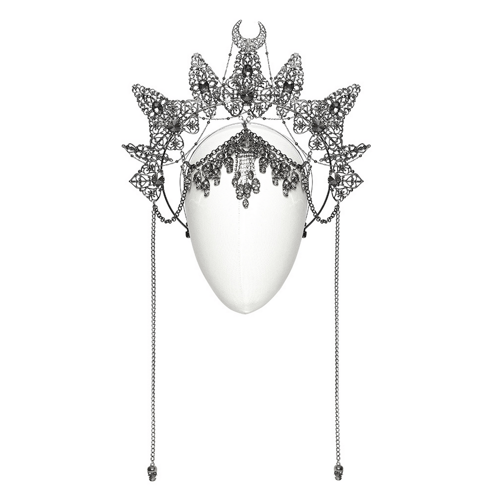 Gothic metal crown adorned with skull pendants and gemstones, featuring intricate chains and a stunning halo design.