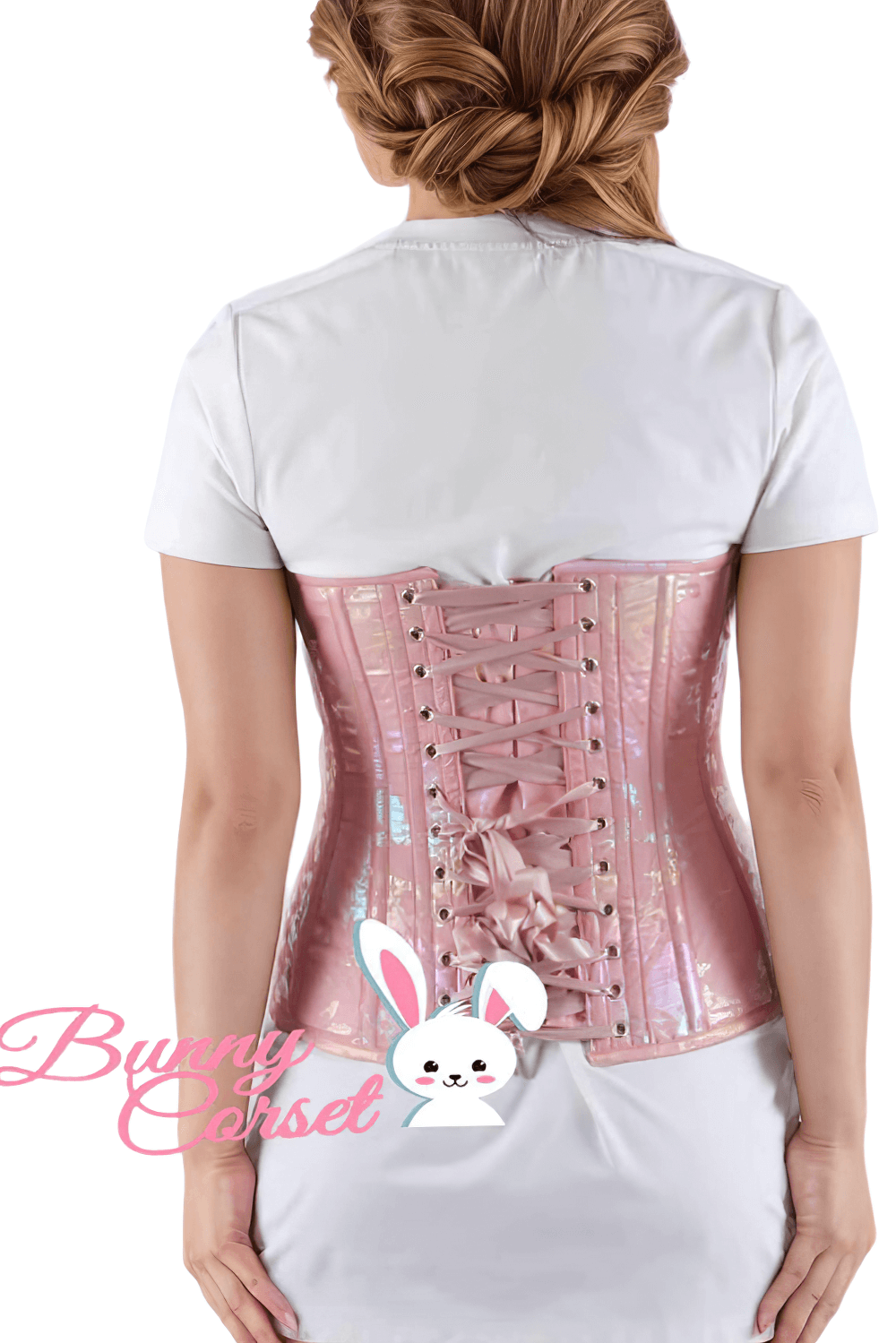 Back view of an iridescent pink waist shaper corset with lace-up detail, perfect for stylish silhouette and support.