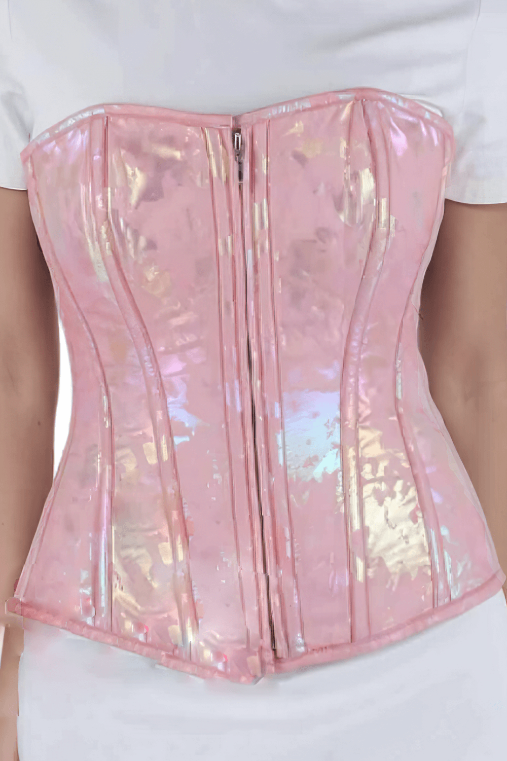 Iridescent pink waist shaper corset with front zipper closure, designed for a stylish and flattering silhouette.