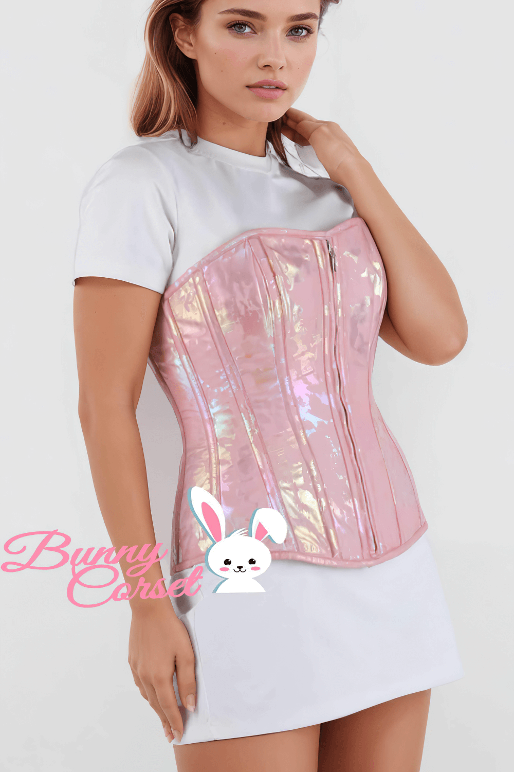 Iridescent waist shaper corset with front zipper, perfect for a fashionable and flattering silhouette.