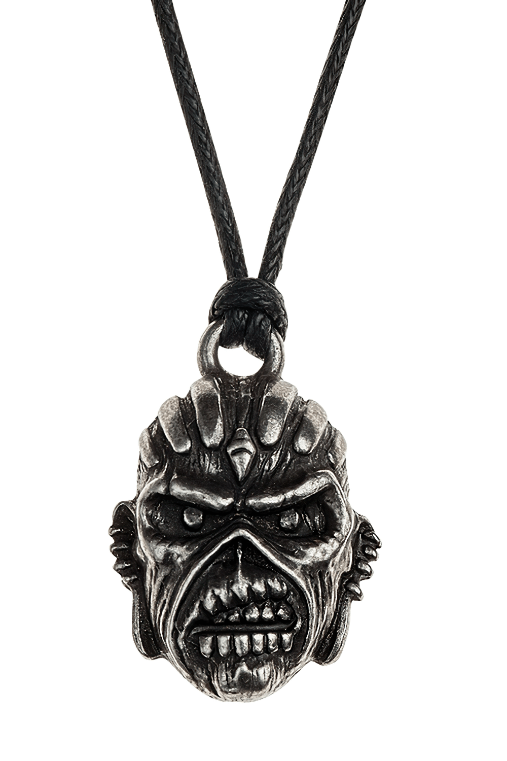 Iron Maiden Eddie head pendant in antiqued pewter on black cord, a must-have for metal fans.