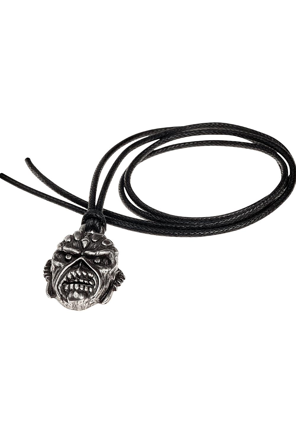 Iron Maiden Eddie head pendant in antique pewter on black cord, showcasing Mayan-style design for heavy metal fans.