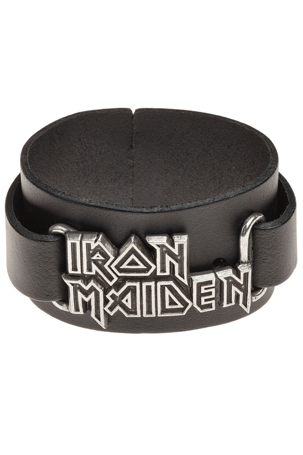 Adjustable Iron Maiden leather wrist strap with 3D logo plate, perfect for fans and collectors.