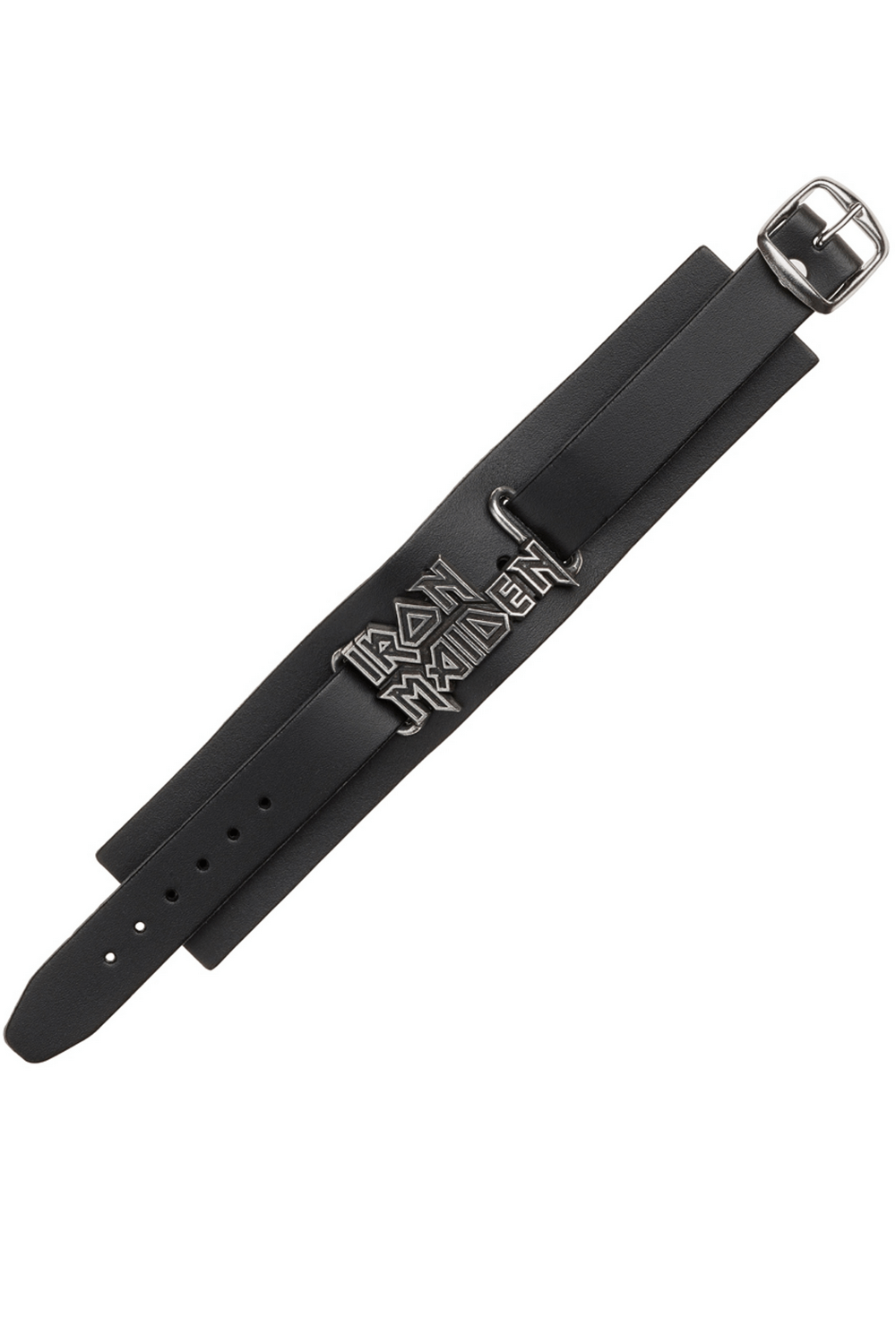 Iron Maiden leather wrist strap with adjustable buckle and 3D logo plate on a black background.