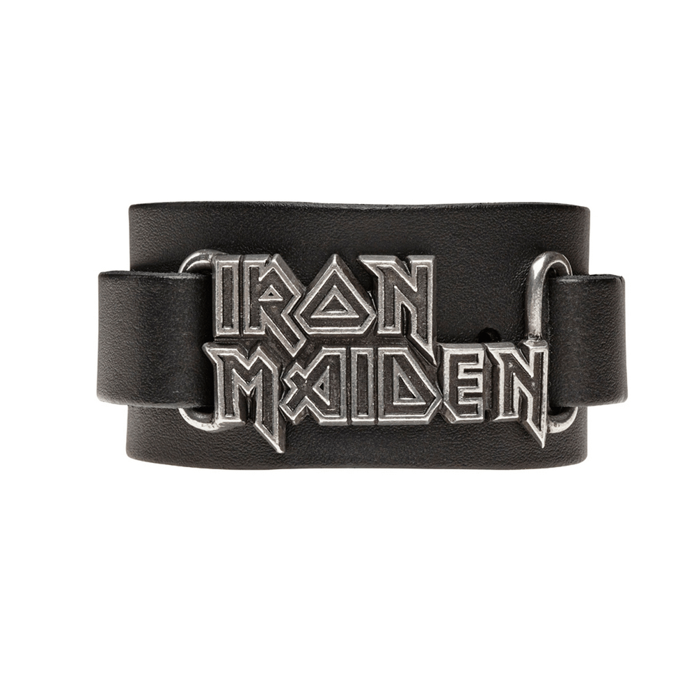 Adjustable Iron Maiden leather wrist strap with 3D logo plate in pewter for a striking look.