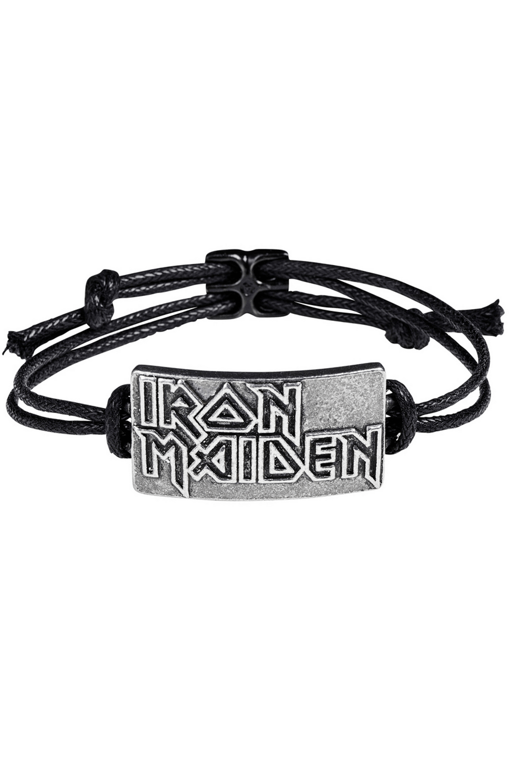 Iron Maiden logo bracelet on adjustable black cord, featuring 3D pewter design and durable waxed cord for heavy metal fans.