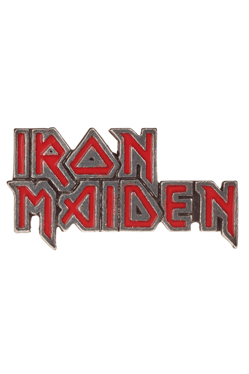Iron Maiden antiqued pewter logo pin badge with red enamel, a must-have for metal music fans and collectors.