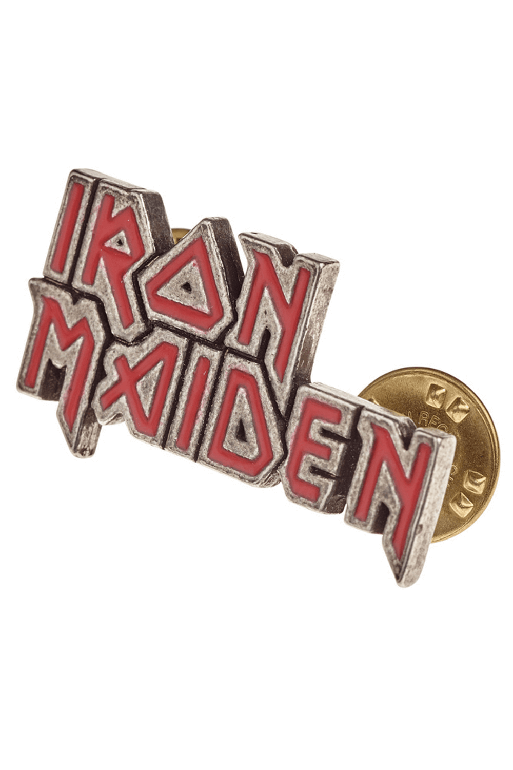 Official Iron Maiden antiqued pewter enamel logo pin badge, featuring bold red accents for fans and collectors.