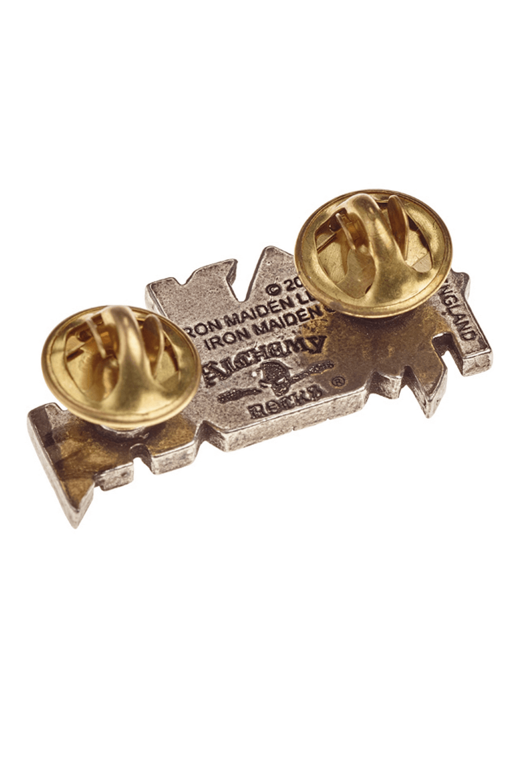 Iron Maiden antiqued pewter pin badge back with gold clutch fasteners.