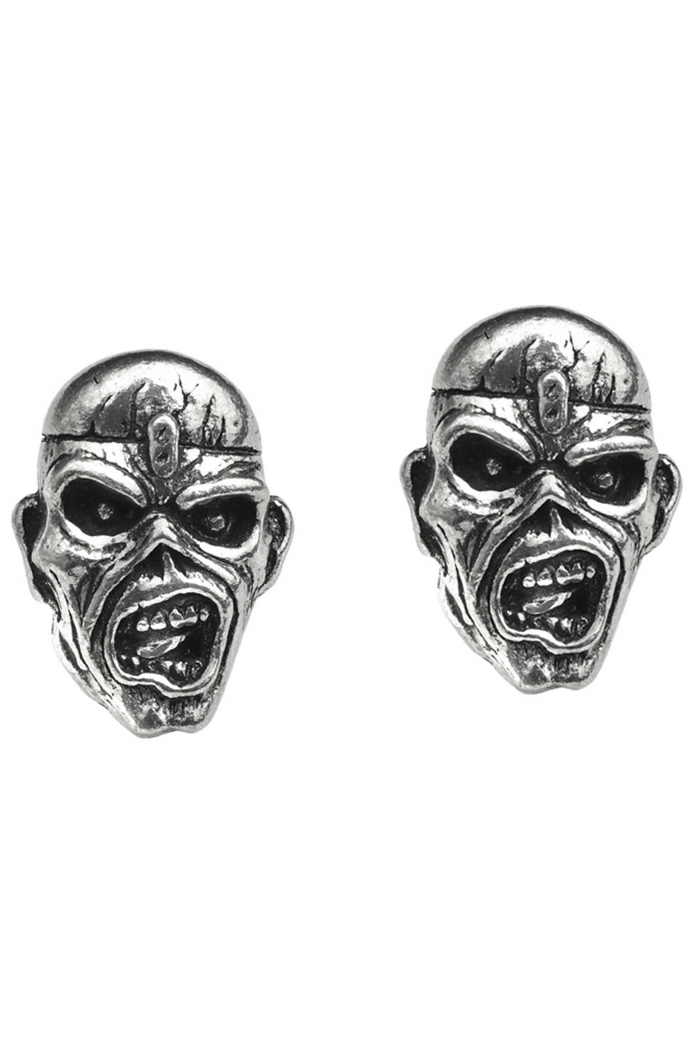 Iron Maiden Piece of Mind Eddie Pewter Stud Earrings featuring detailed 3D sculpted fierce Eddie head.