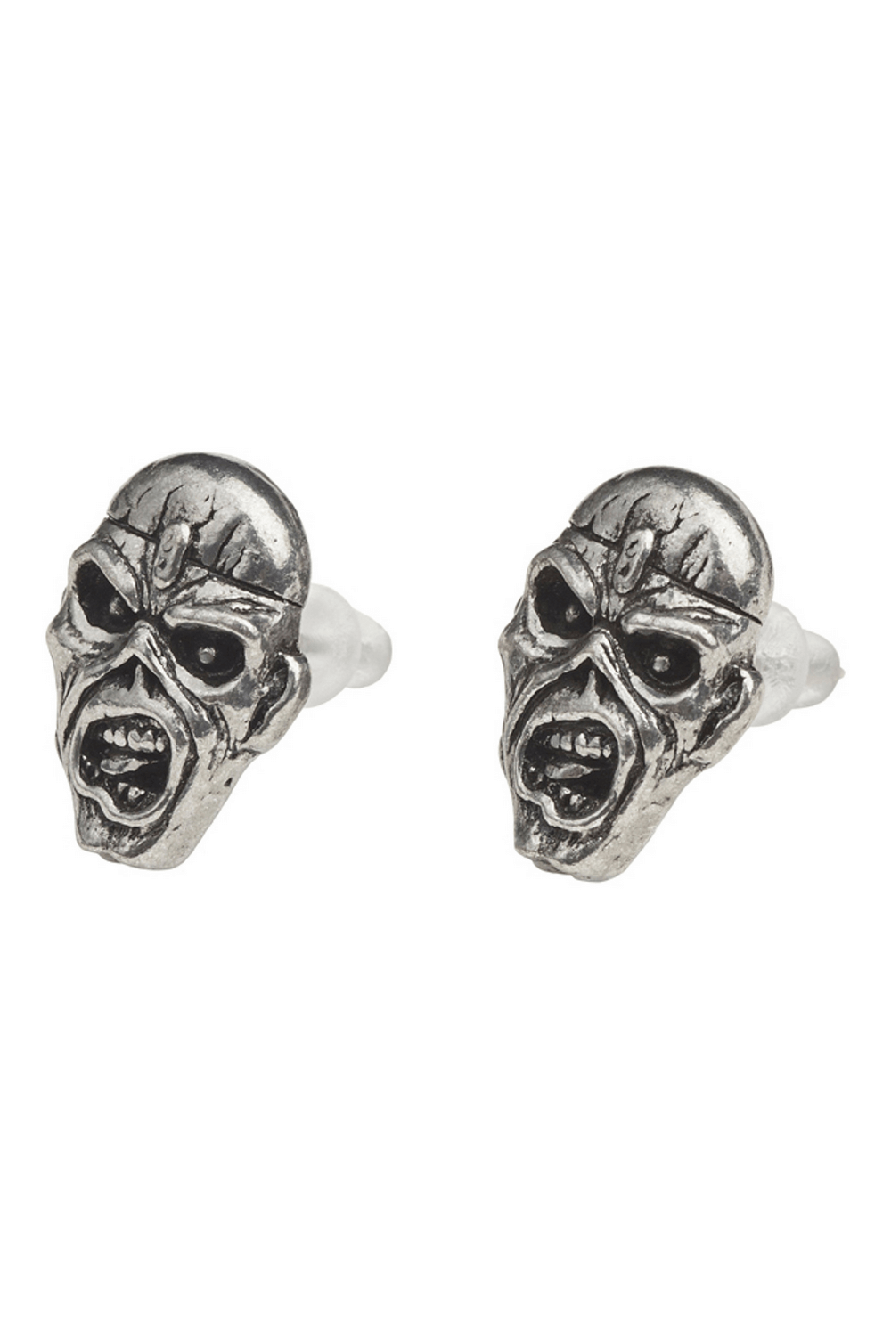 Iron Maiden Piece of Mind Eddie pewter stud earrings showcasing detailed 3D sculpted design.