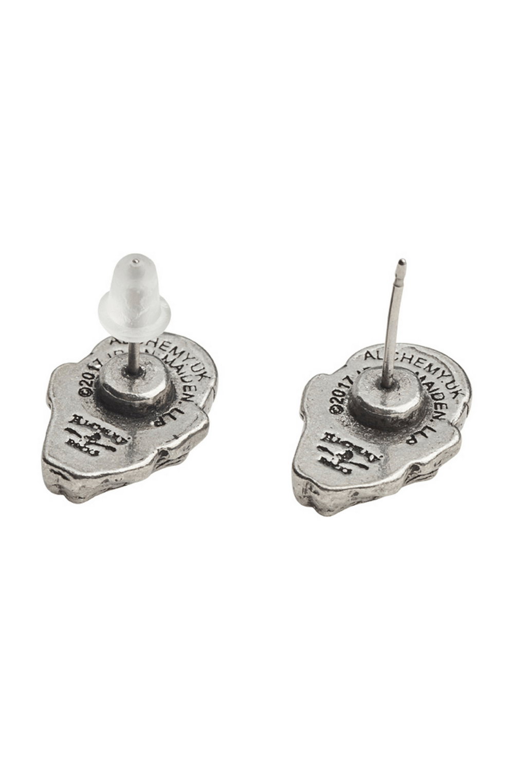 Iron Maiden Eddie Pewter stud earrings showcasing intricate design and detail for music collectors.