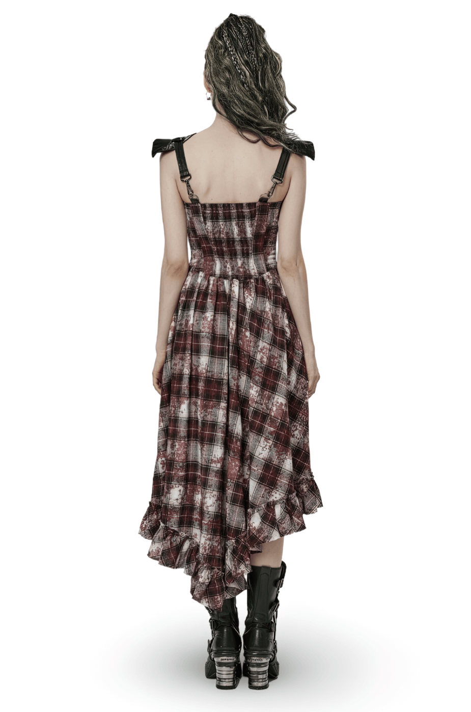 Back view of Irregular Hem Plaid Dress with adjustable leather straps, showcasing edgy punk style and ruffled hem.