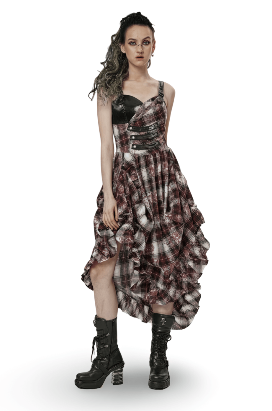 Punk cool plaid dress with irregular hem and leather straps, perfect for edgy fashion lovers and rebellious style.