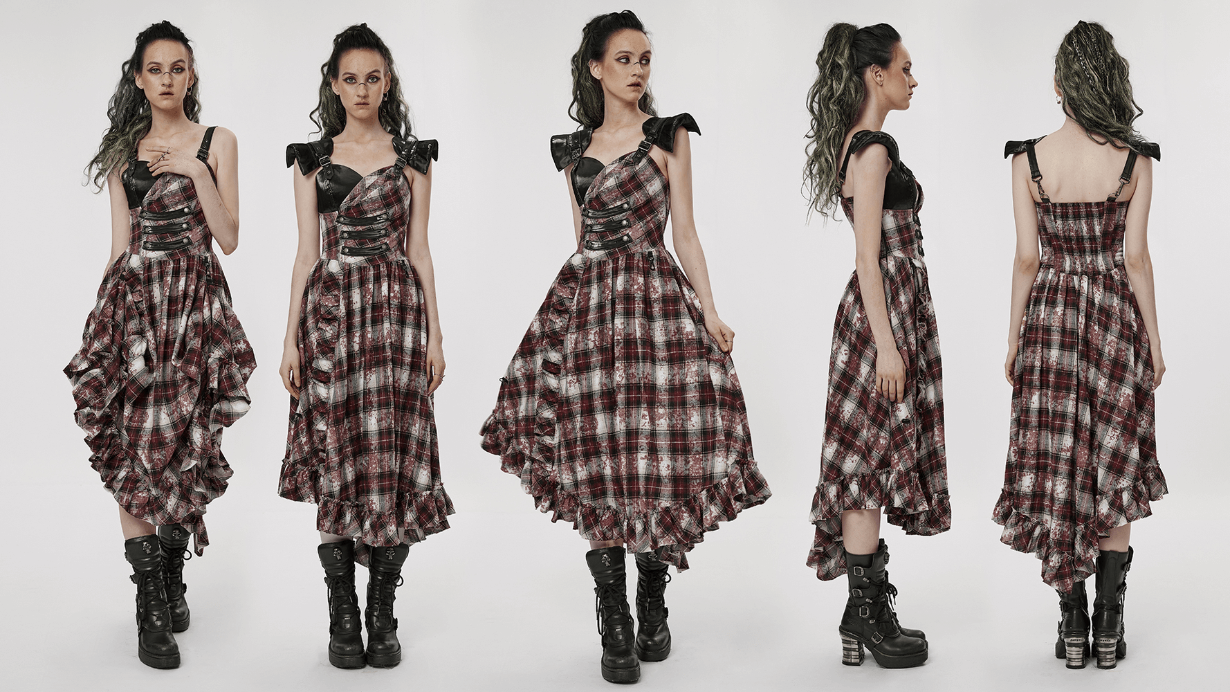 Irregular hem plaid dress with adjustable leather straps, showcasing an edgy punk style and flattering A-line silhouette.
