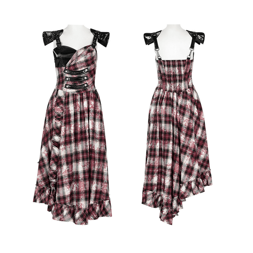 Edgy Irregular Hem Plaid Dress with Adjustable Leather Straps and Ruffle Details