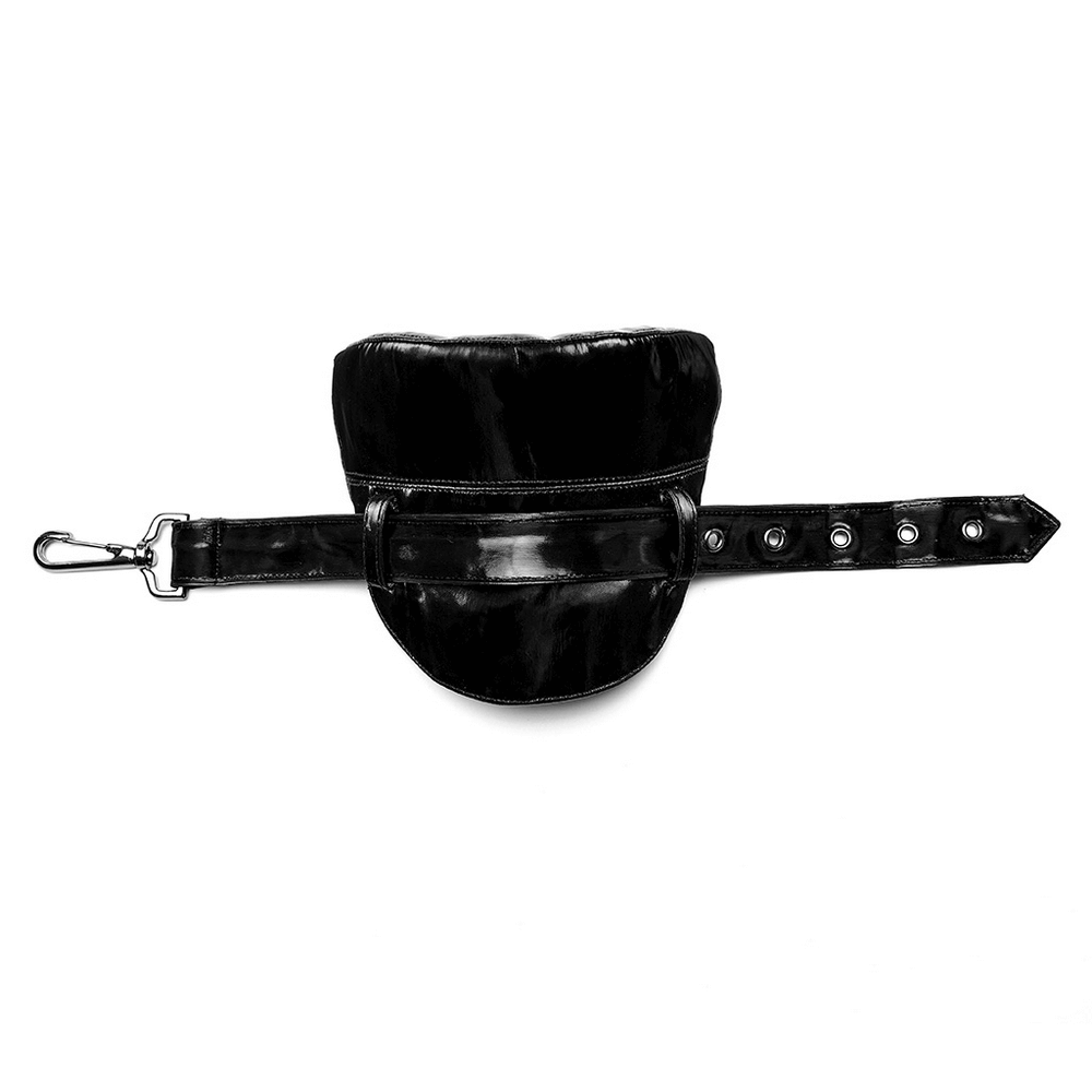 Black faux leather bag with shiny finish and adjustable strap, perfect for a punk-inspired style.