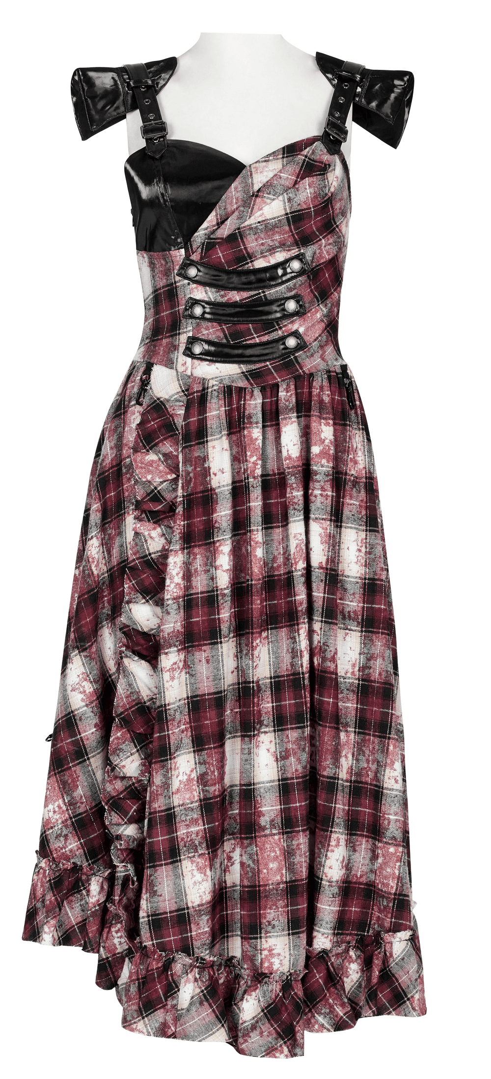Punk plaid dress with adjustable leather straps and irregular hem, perfect for edgy style and versatile looks.