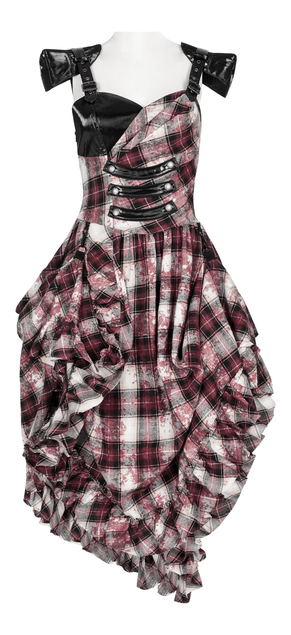 Irregular hem plaid dress with adjustable leather straps and ruffled detailing for punk rock style.