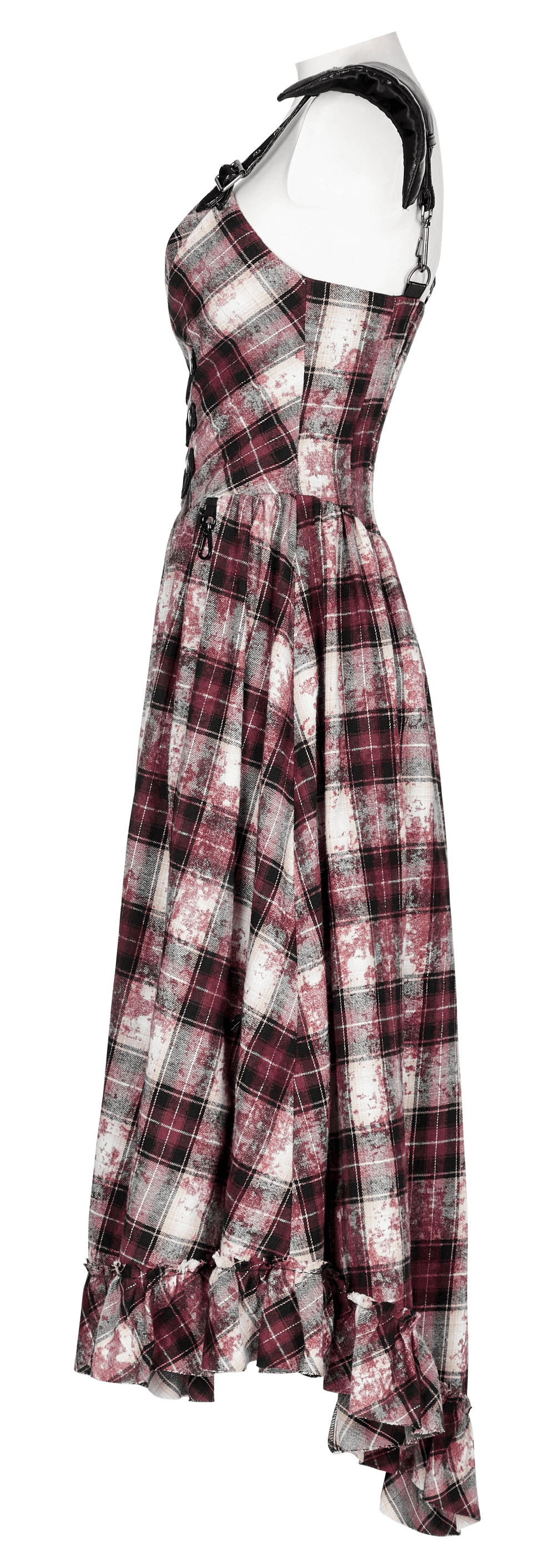 Irregular hem plaid dress with adjustable leather straps, showcasing an edgy punk style and flattering A-line silhouette.