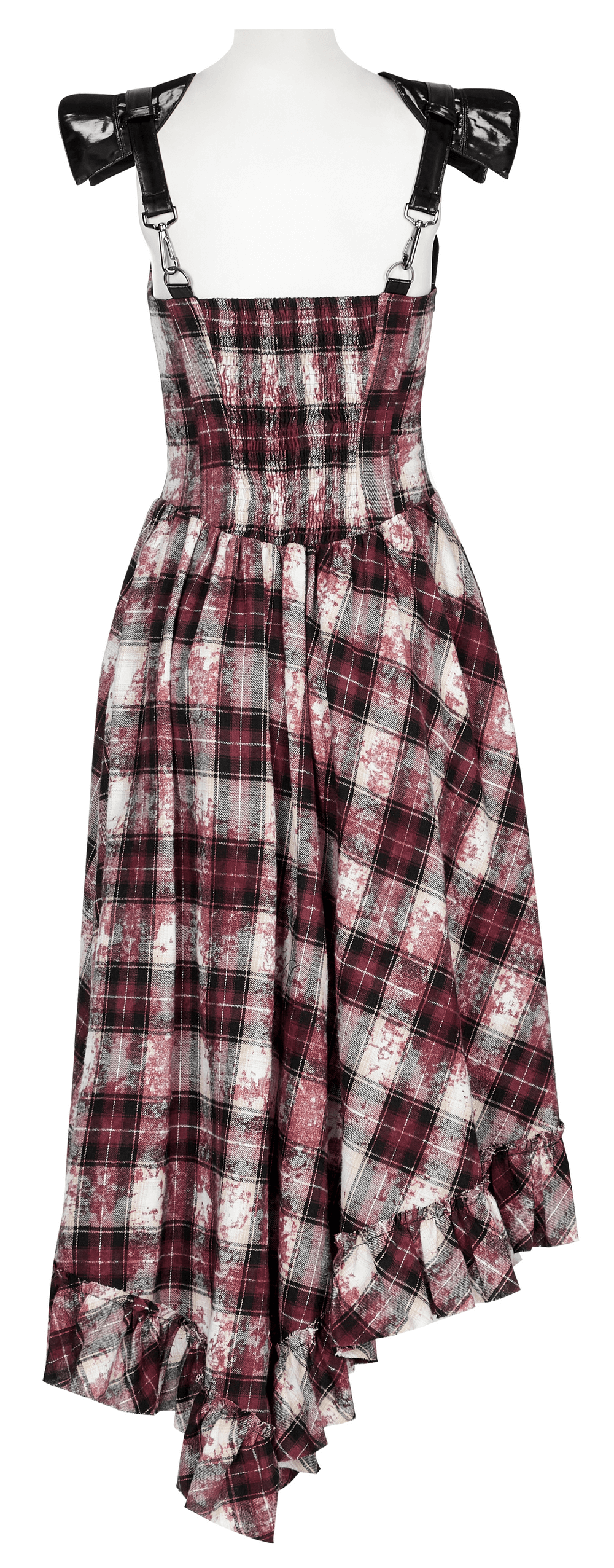 Irregular hem plaid dress with adjustable leather straps, showcasing a punk rock style and flattering A-line silhouette.