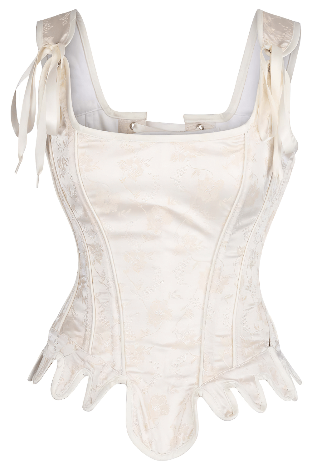 Elegant ivory brocade overbust corset featuring steel boning and stylish lacing accents.