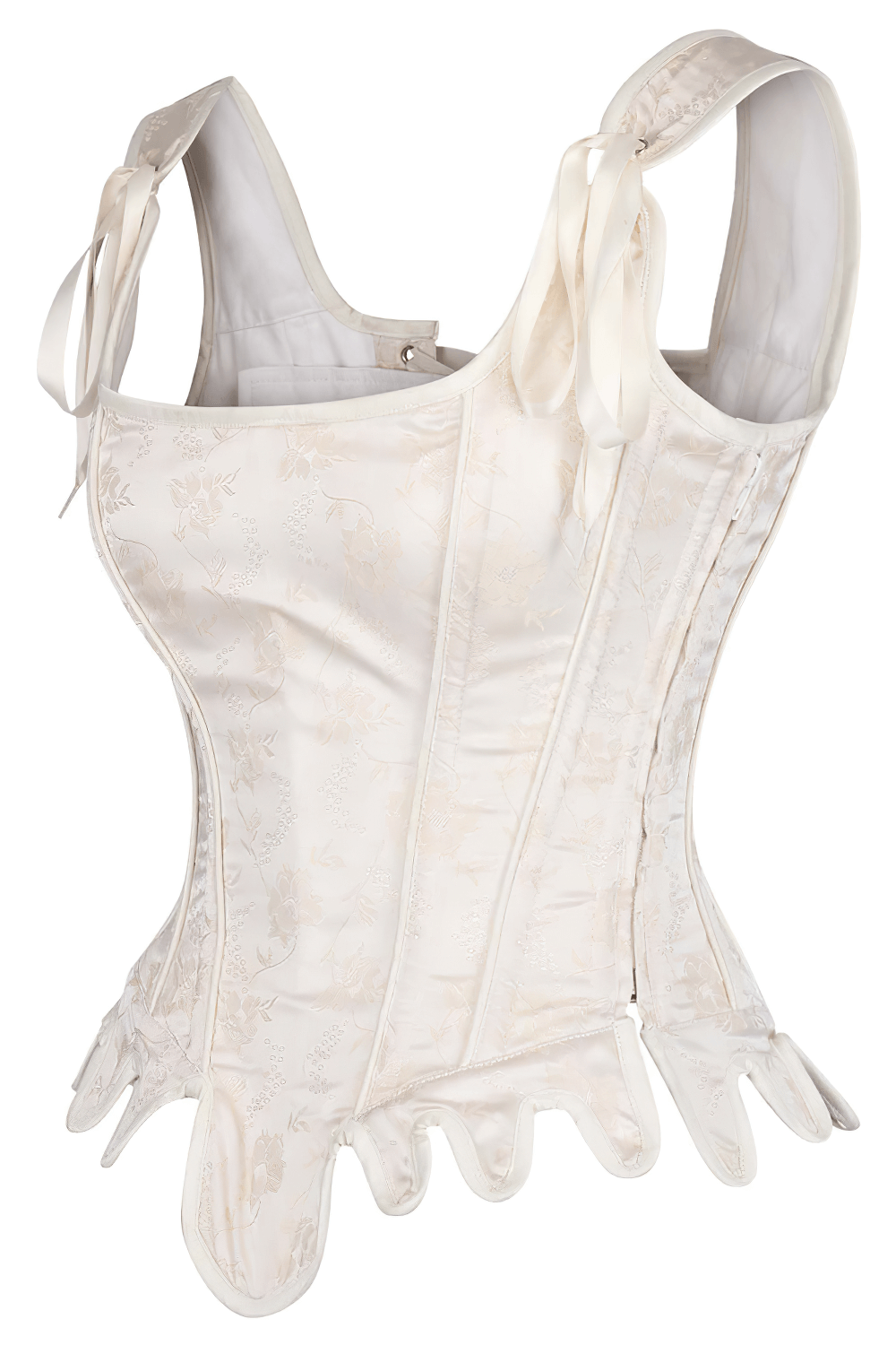 Ivory brocade overbust corset featuring steel boning, delicate lacing, and elegant ribbon ties.