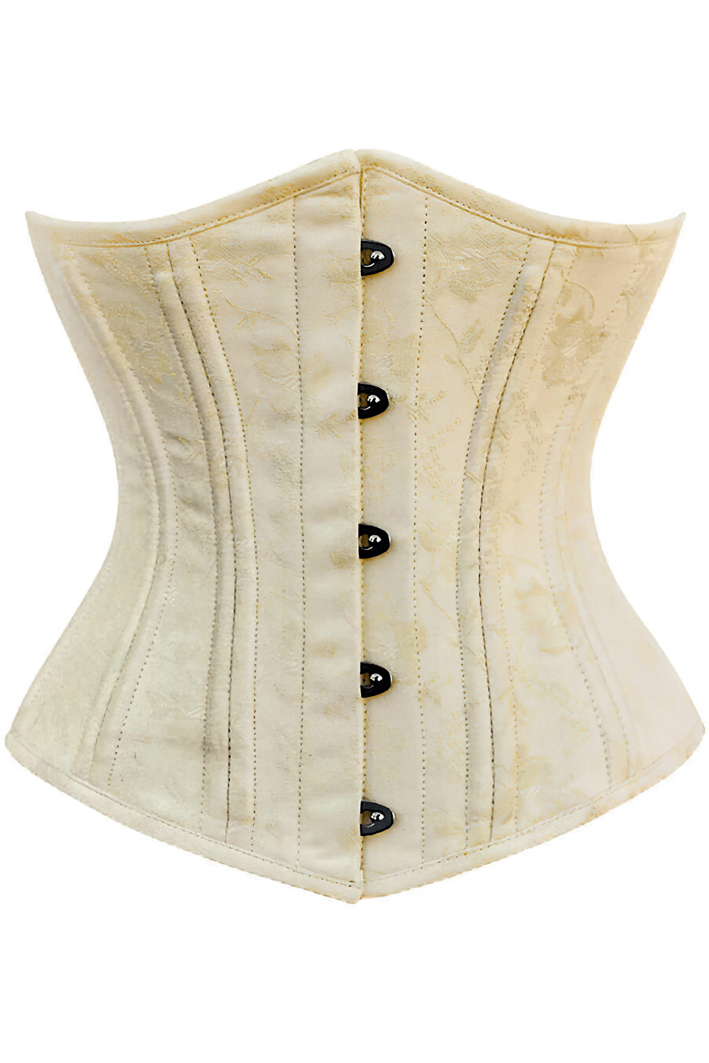 Ivory underbust corset with steel boning, brocade design, metal busk, and adjustable back lacing for waist training.