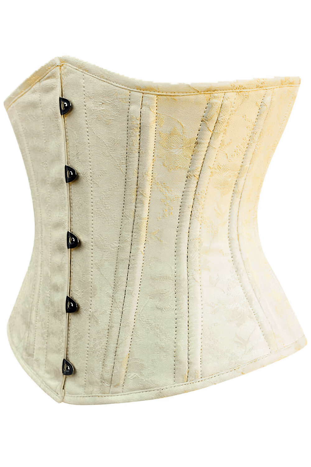 Ivory underbust corset with steel boning and back lacing for waist training and vintage style.