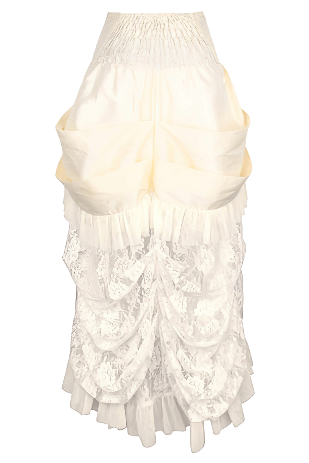 Ivory Victorian bustle skirt showcasing layered lace and taffeta design, perfect for vintage elegance.