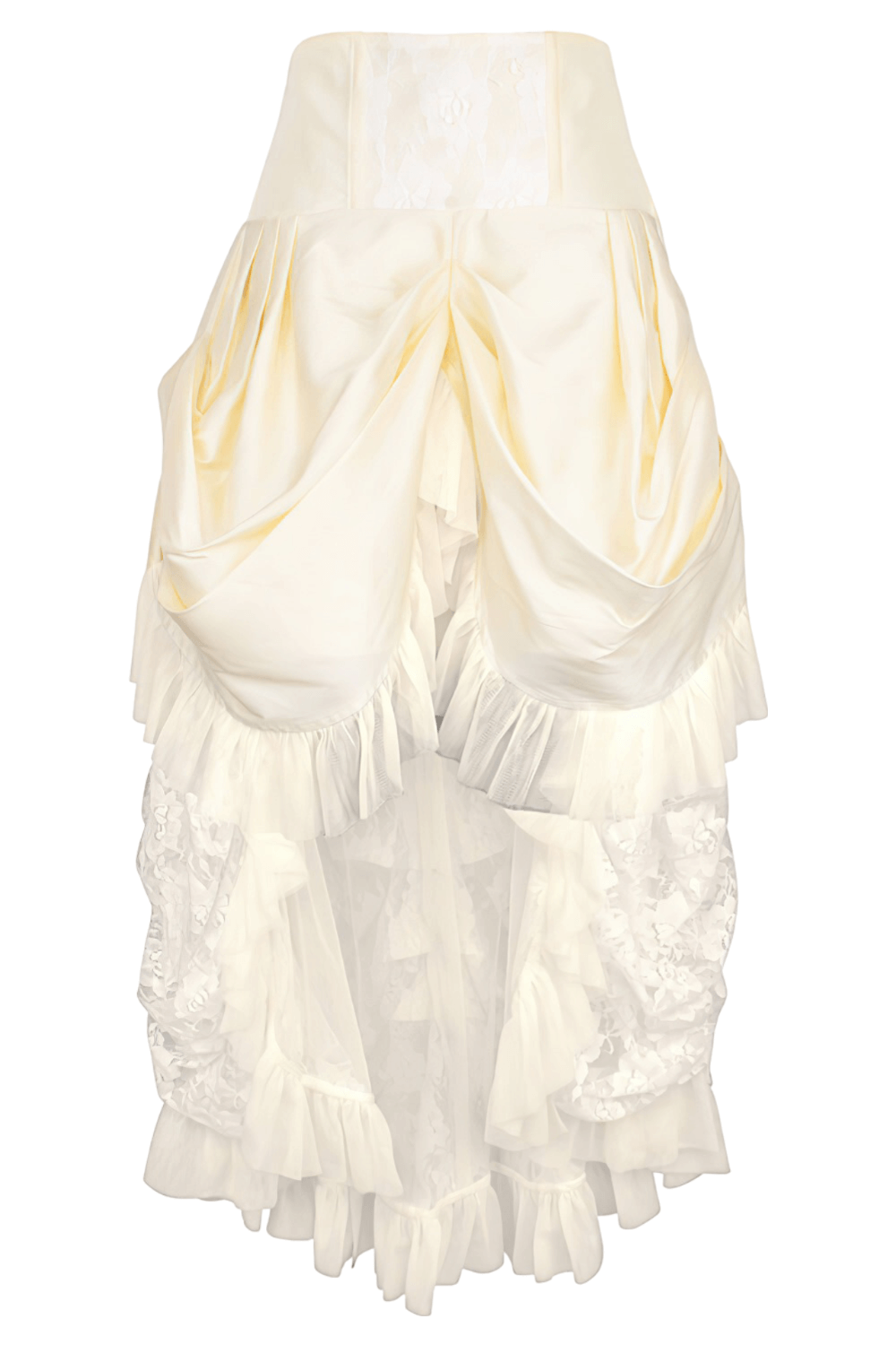 Ivory Victorian bustle skirt in taffeta and lace, featuring a layered back and side zipper for a vintage-inspired look.