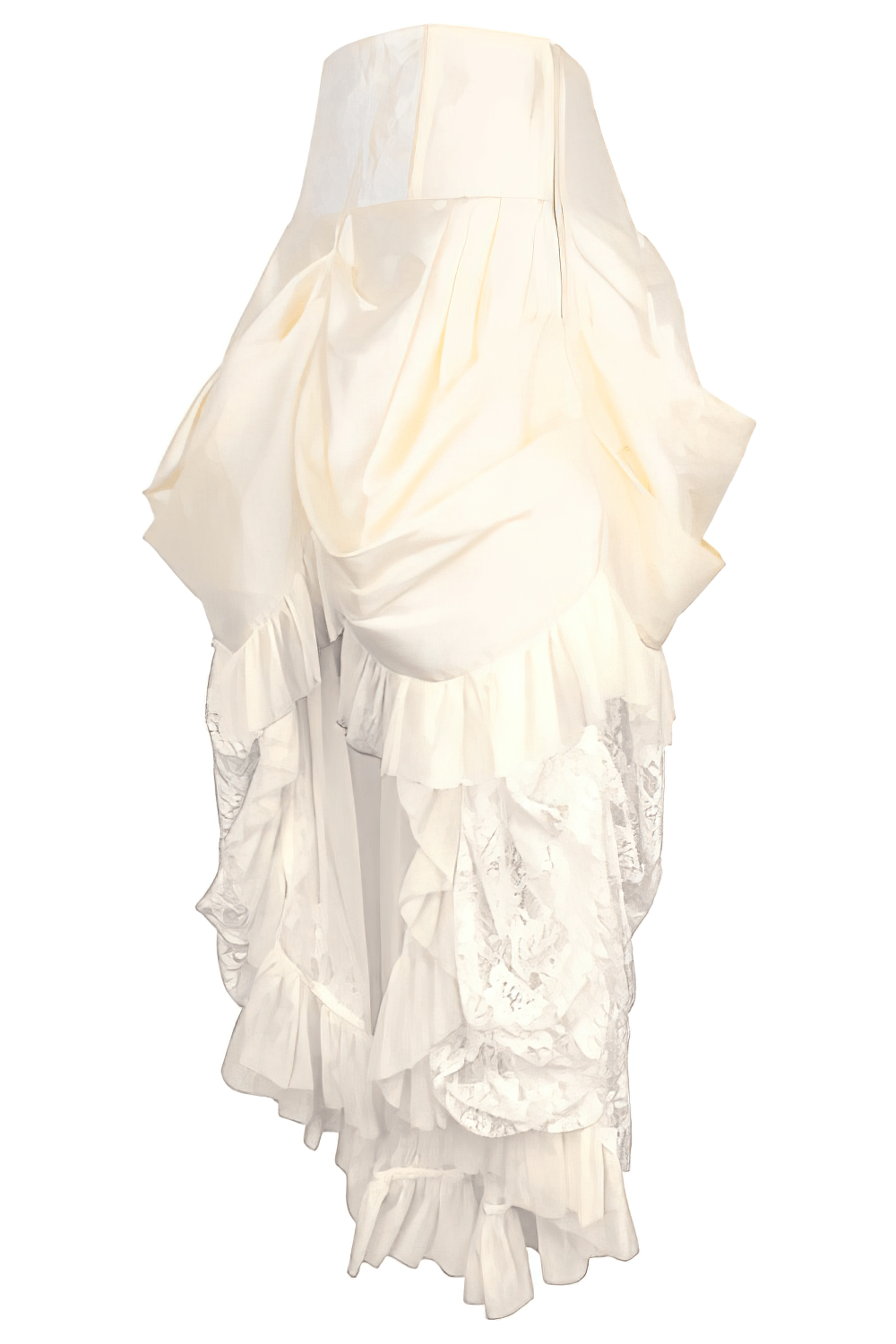 Ivory Victorian bustle skirt with lace and taffeta, featuring dramatic layered back and side zipper closure.