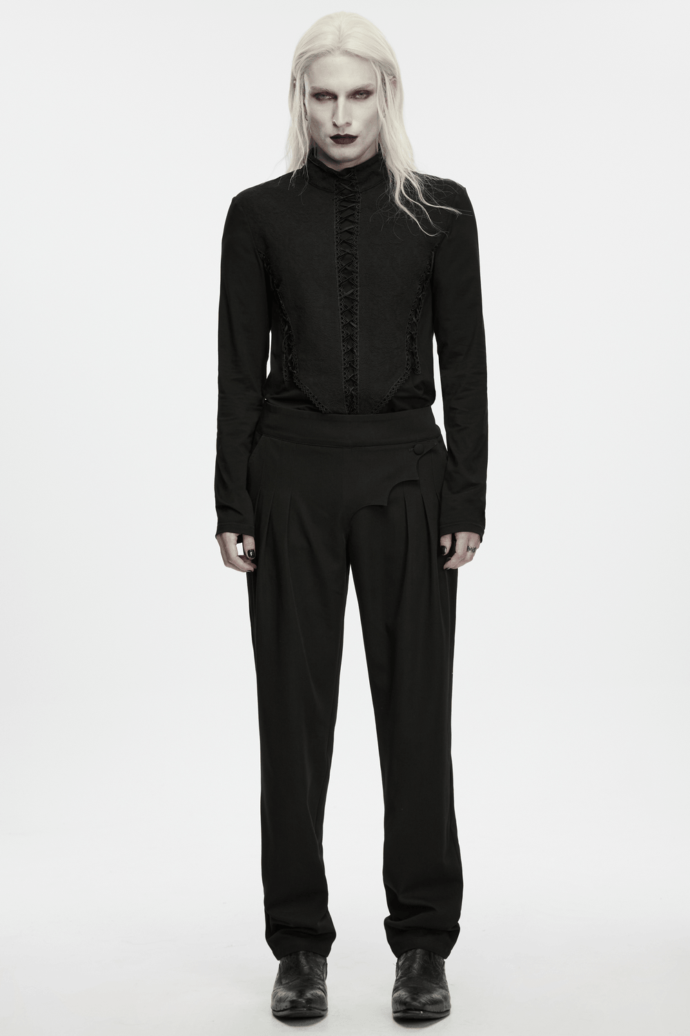 Jacquard Lace-Up Long Sleeved Stand Collar Top in black gothic style with Victorian corset front and high neck