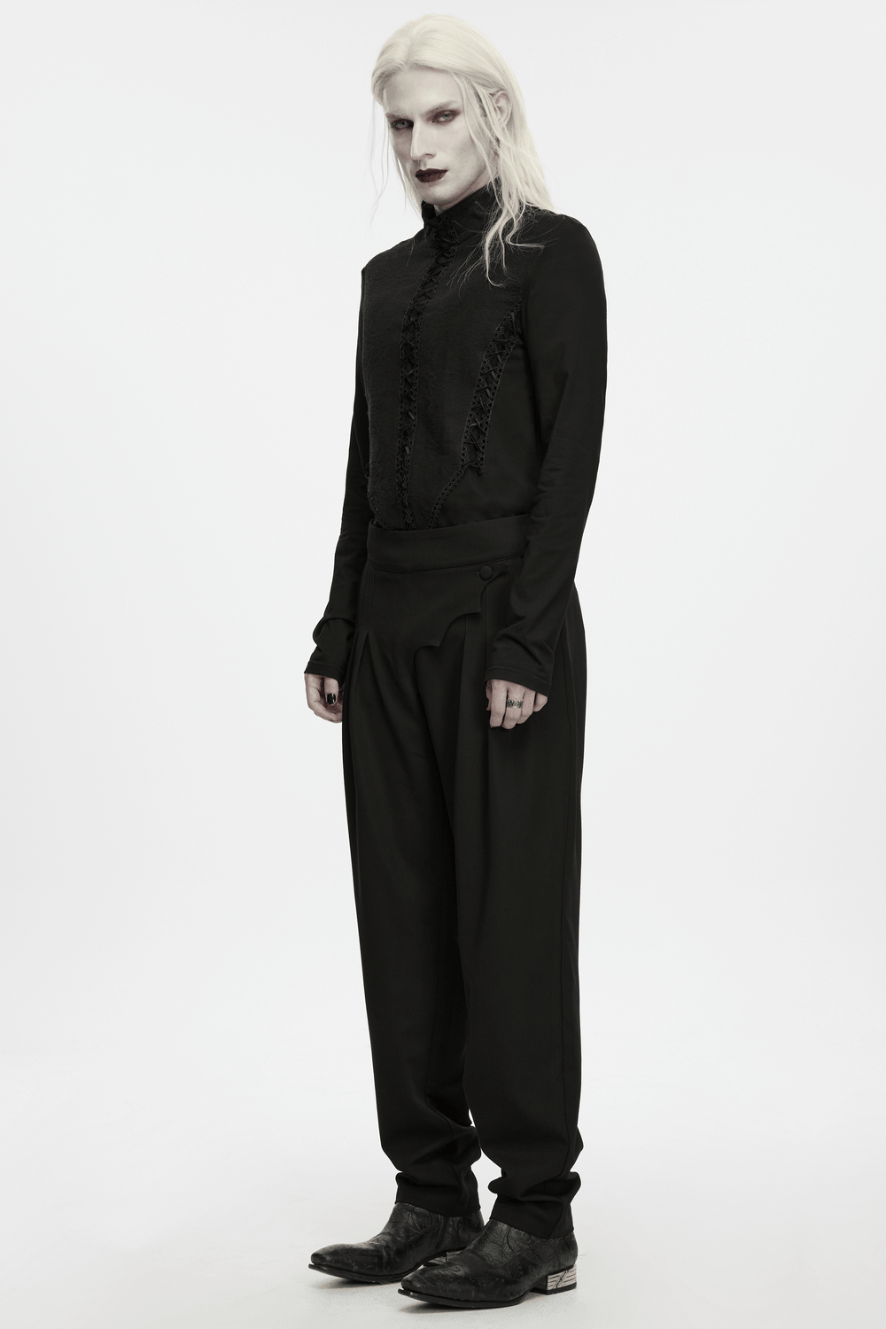Jacquard Lace-Up Long Sleeved Stand Collar Top in black gothic style with Victorian corset front and high neck
