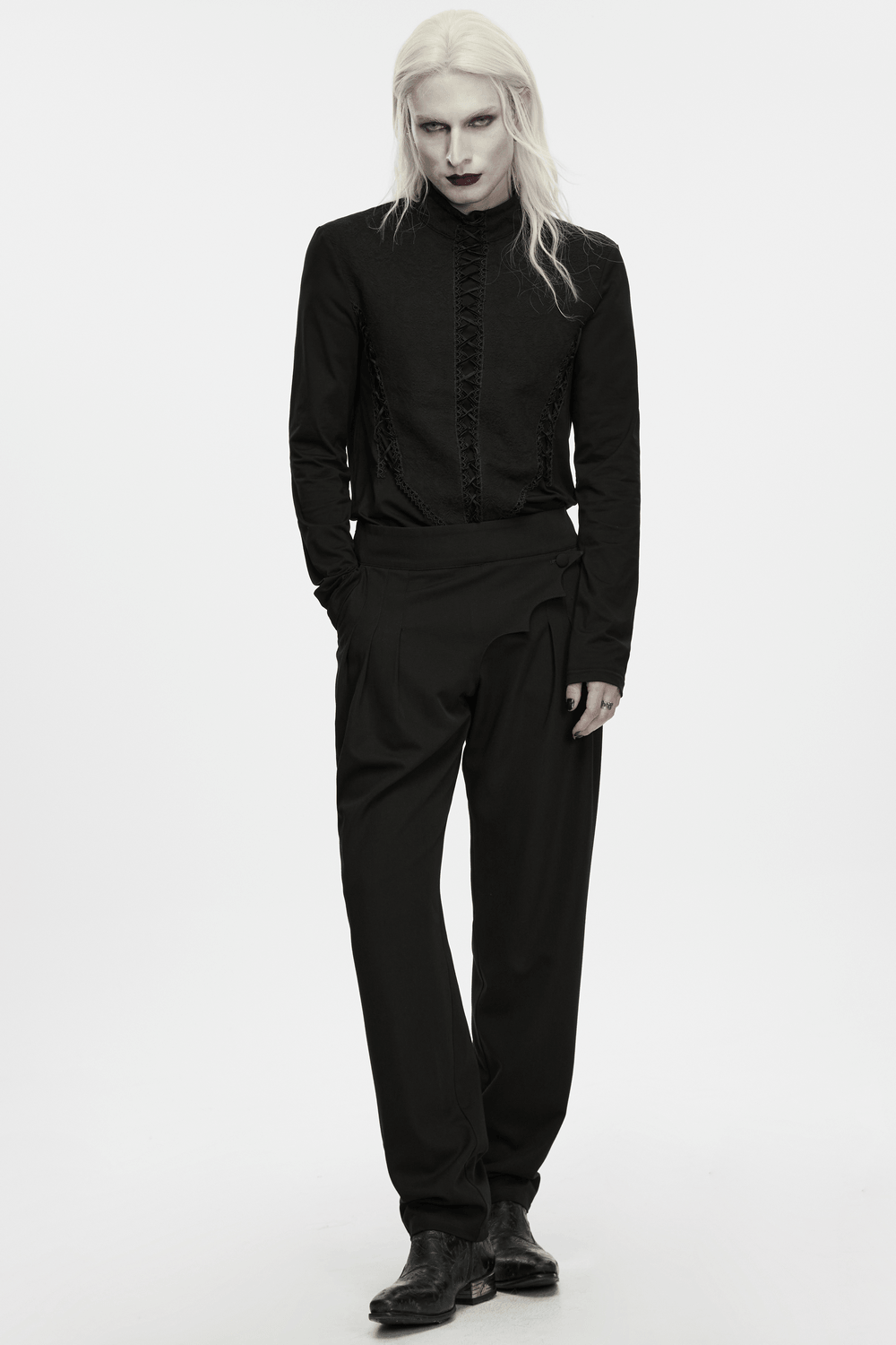 Jacquard Lace-Up Long Sleeved Stand Collar Top with gothic Victorian corset front and high neck in matte black
