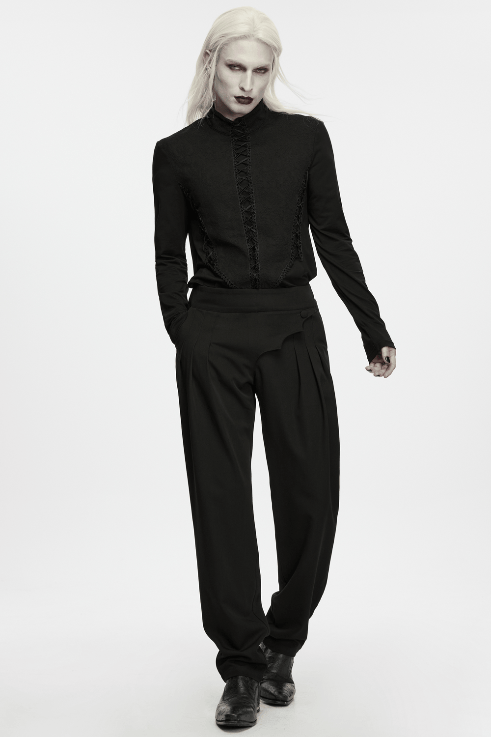 Jacquard Lace-Up Long Sleeved Stand Collar Top in black Gothic court style with Victorian corset front