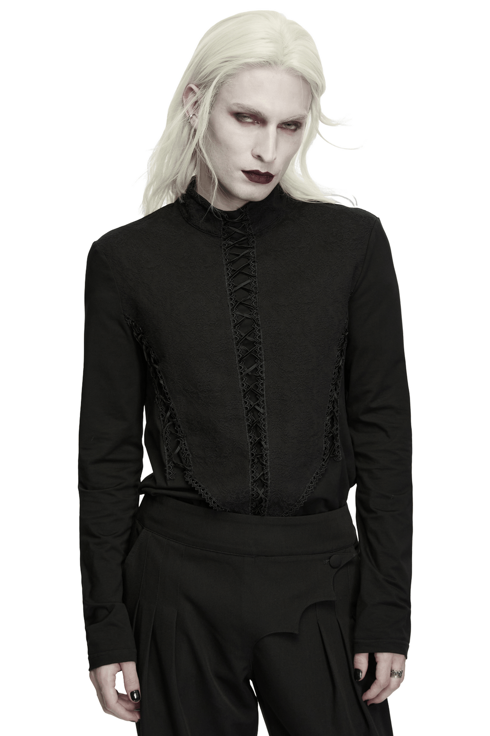 Jacquard Lace-Up Long Sleeved Stand Collar Top gothic black corset-front top with high neck and long sleeves