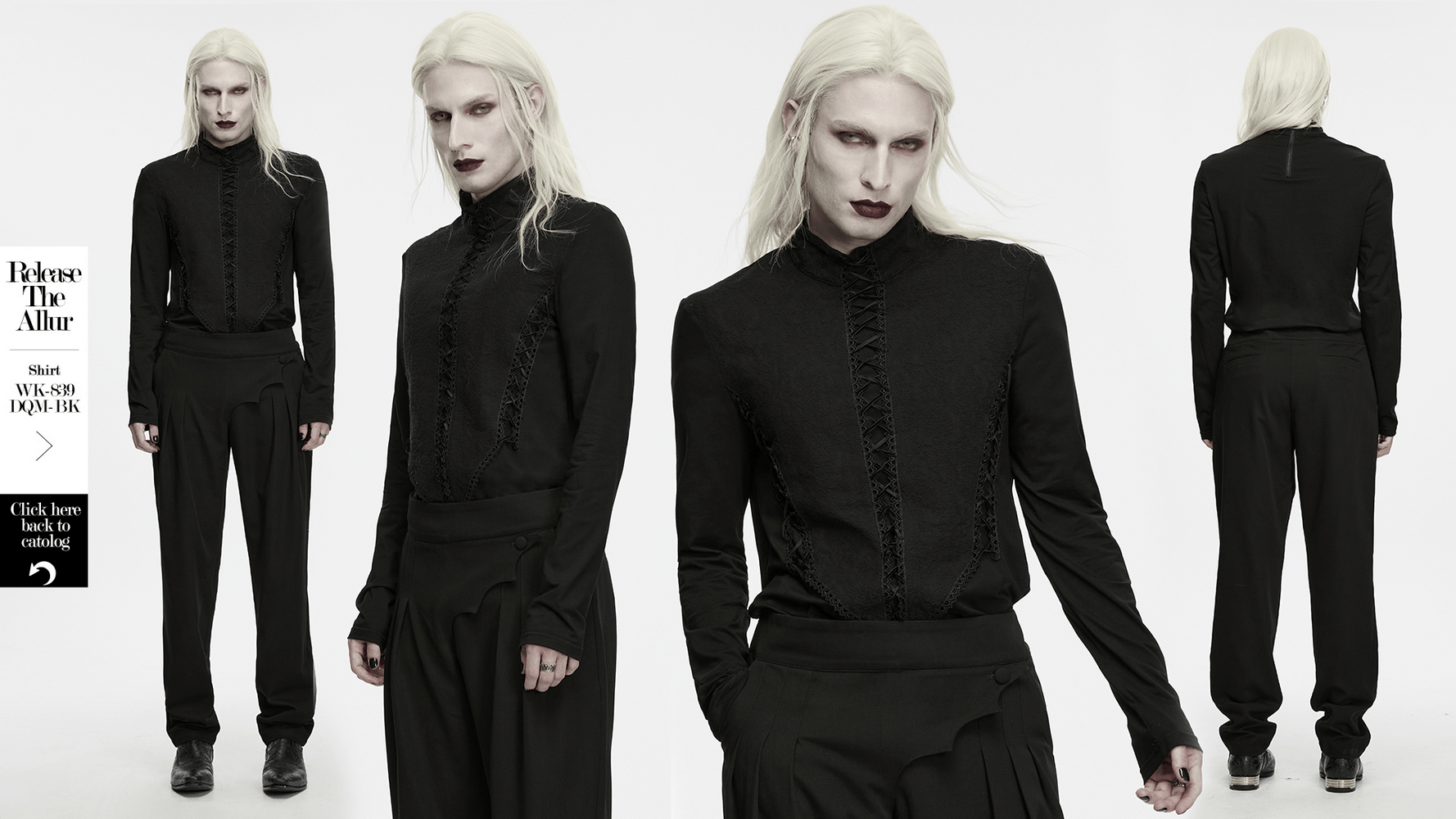 Jacquard Lace-Up Long Sleeved Stand Collar Top, black gothic court shirt with Victorian corset front and high neck