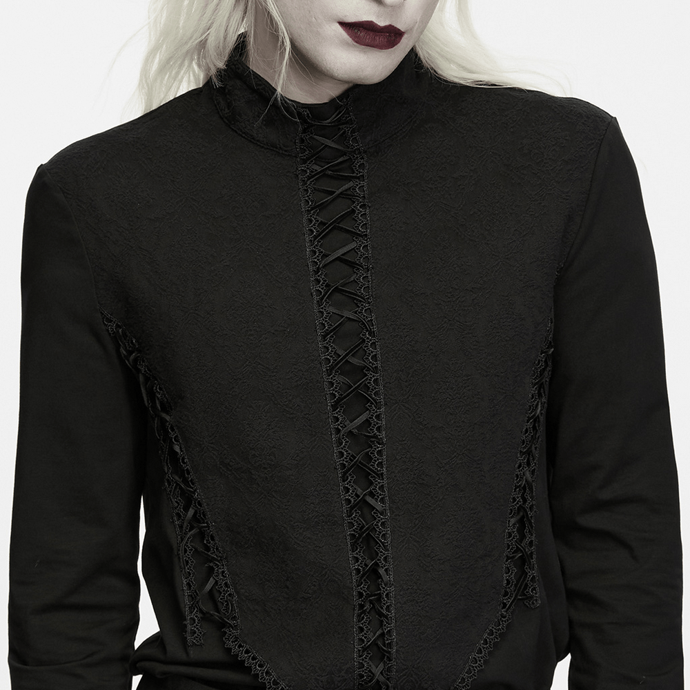Jacquard Lace-Up Long Sleeved Stand Collar Top, black gothic court top with Victorian corset front and high neck