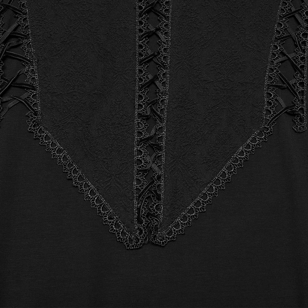 Jacquard Lace-Up Long Sleeved Stand Collar Top with gothic corset front, black knit fabric, and Victorian lace detailing