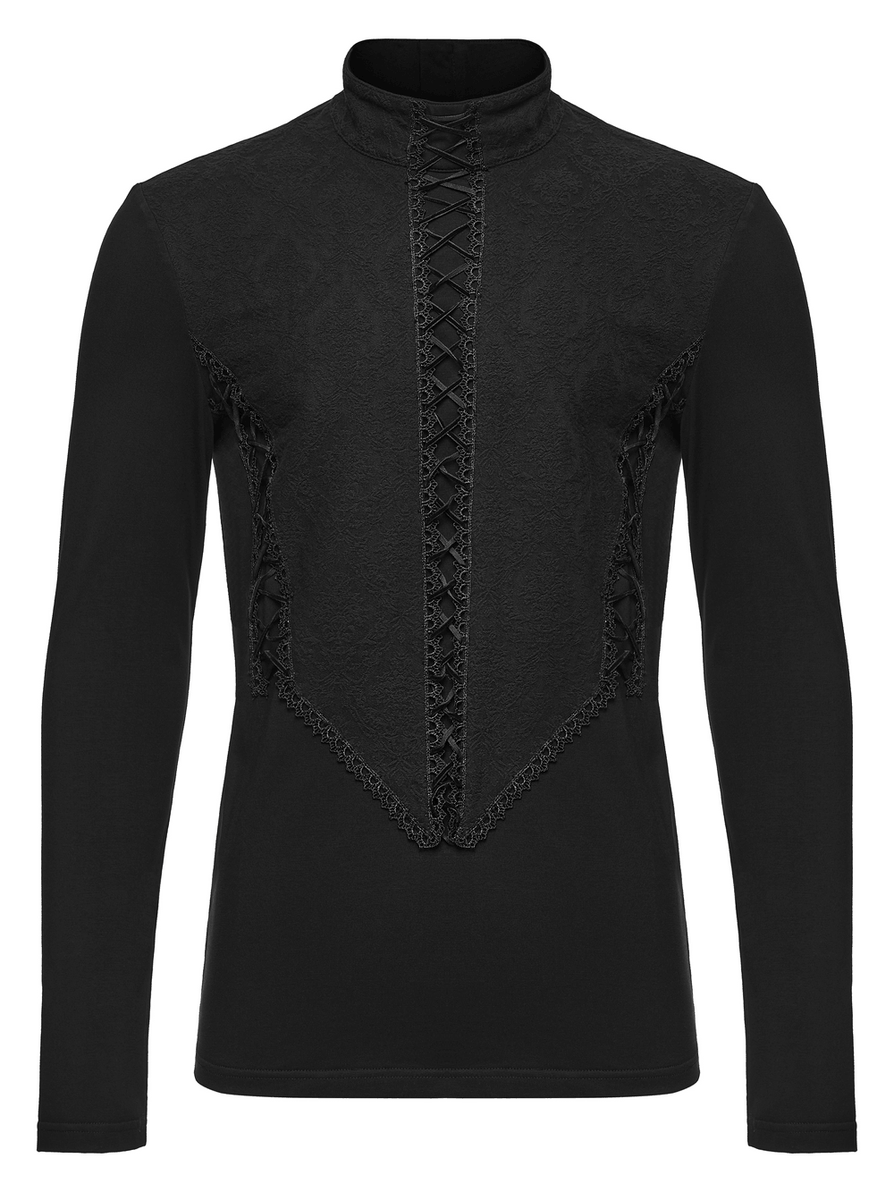 Jacquard Lace-Up Long Sleeved Stand Collar Top in black Gothic court style with Victorian corset front and high neck