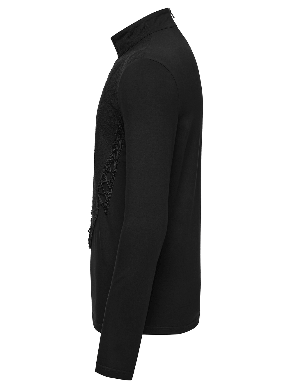 Jacquard Lace-Up Long Sleeved Stand Collar Top, gothic black Victorian corset-style top with high neck and lace-up front