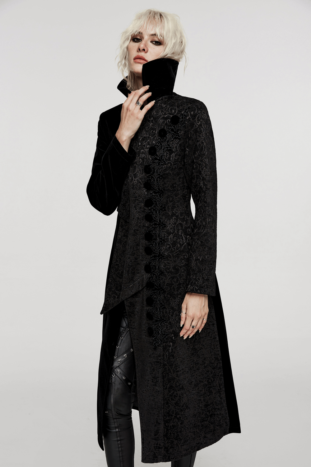 Jacquard Velvet Gothic Coat with Asymmetric Collar - HARD'N'HEAVY