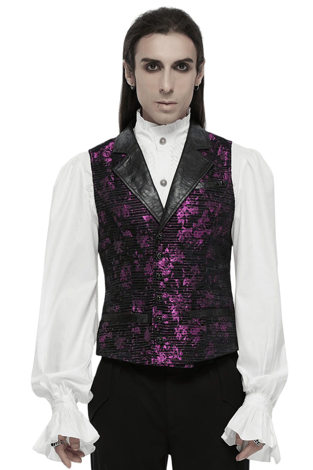 Goth-inspired jacquard waistcoat with leather details and a striking purple pattern, paired with a white ruffled shirt.