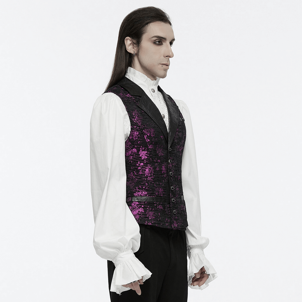 Goth-style Jacquard waistcoat with leather details, worn with a white shirt, showcasing a stylish purple pattern.