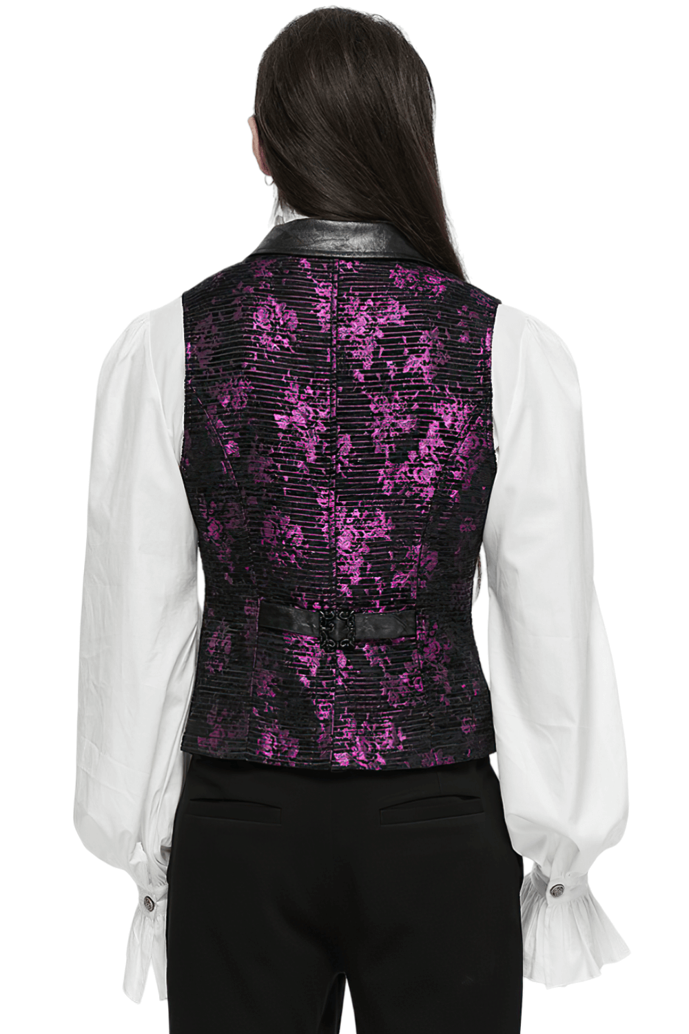 Back view of a Gothic jacquard waistcoat with purple floral pattern and leather details, paired with a white blouse.