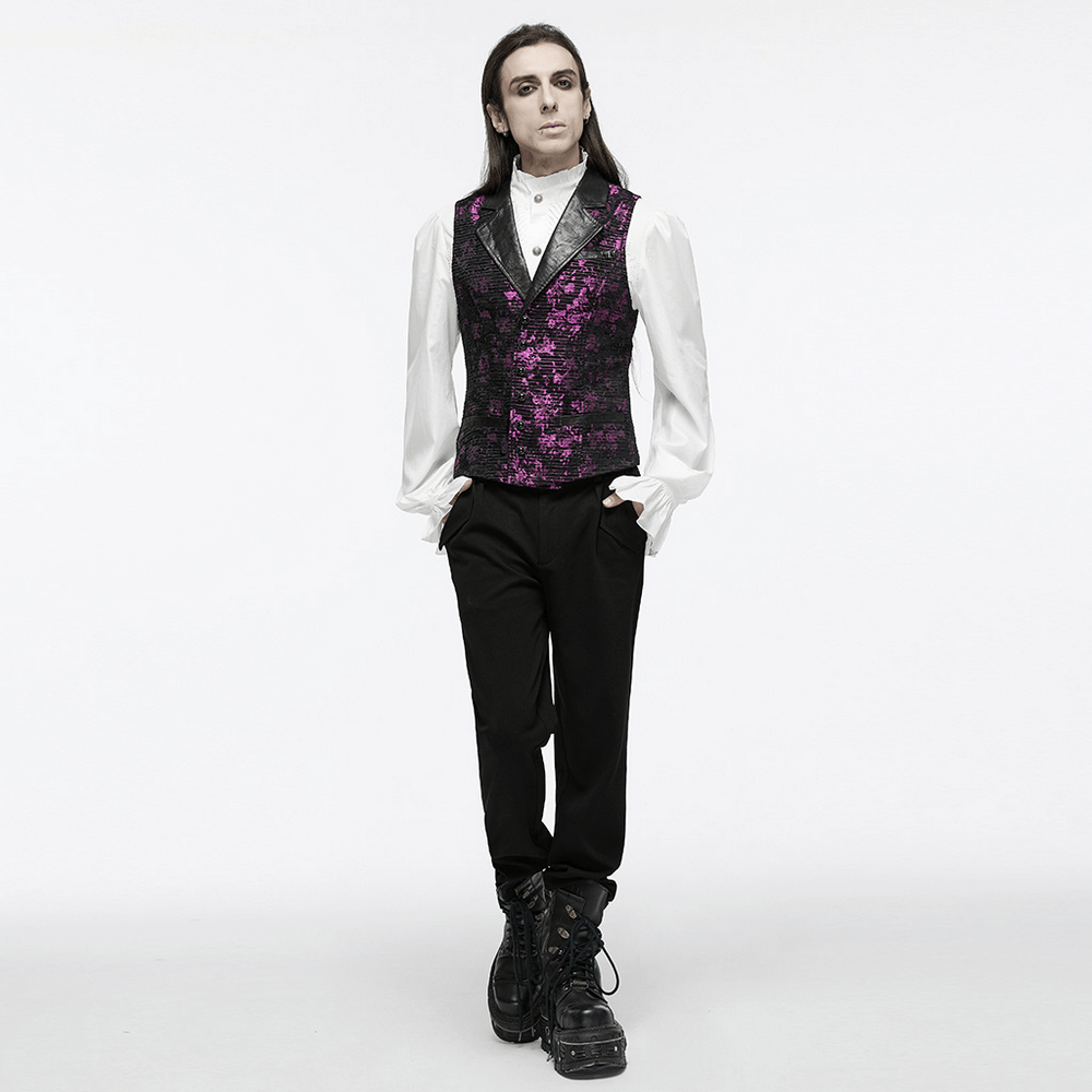 Gothic Jacquard waistcoat with leather details and gemstone buckle, paired with stylish pants and boots.